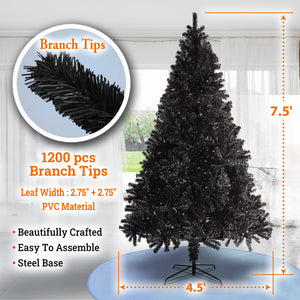 7.5ft Unlit Black Halloween Tree 1200 PVC Branch Tips Artificial Christmas Tree for Holiday Carnival Party with Metal Stand and Foldable Solid Bracket