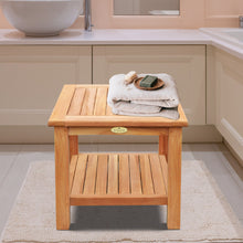 Load image into Gallery viewer, KINGTEAK Teak wood side table, 19.7&quot; Shower Stool with Storage Shelf for Bathroom, Living Room, Bedroom,Indoor &amp; Outdoor

