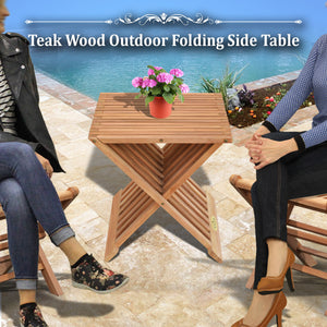 KINGTEAK Teak Wood Outdoor Folding End Side Snack Table Stand 15.3x12.6x17" H Chair Table