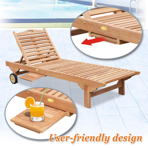 Teak Wood 4-Position Sun Bed Outdoor Lounger Garden Patio Chair w Tray 2 Wheels(local pick up)