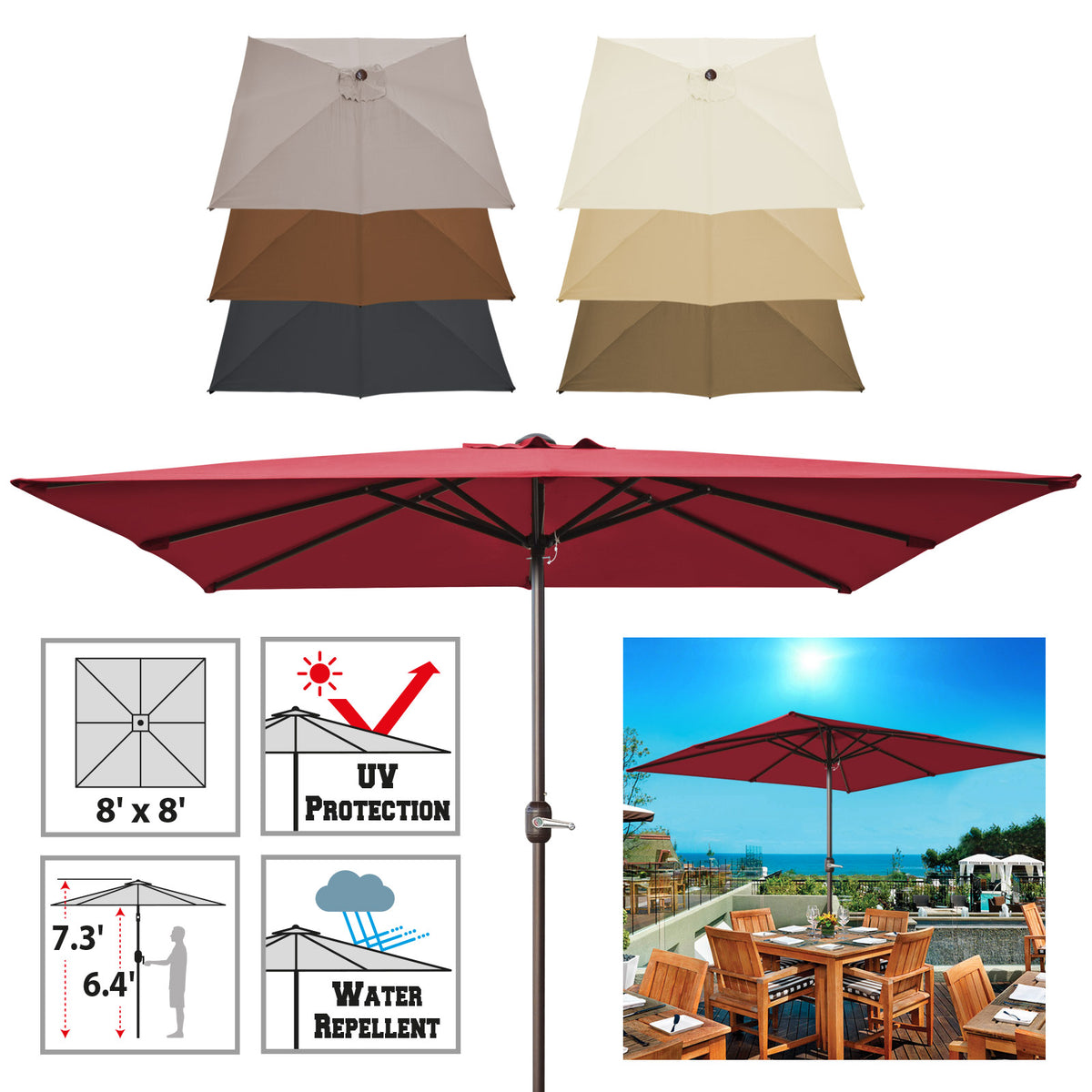 STRONG CAMEL Outdoor Sunshade 8'x8' Square Patio Umbrella with Crank Sunny Outdoor US