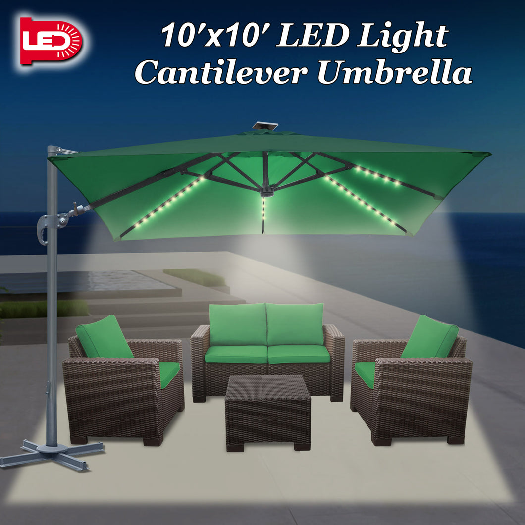 STRONG CAMEL Outdoor 10'x10' LED Light Offset Cantilever Umbrella Patio Deluxe Hanging Umbrella with 360° Cross Base (Green)