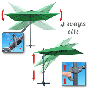 STRONG CAMEL Outdoor 10'x10' LED Light Offset Cantilever Umbrella Patio Deluxe Hanging Umbrella with 360° Cross Base (Green)