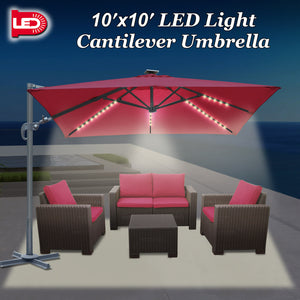 STRONG CAMEL Outdoor 10'x10' LED Light Offset Cantilever Umbrella Patio Deluxe Hanging Umbrella with 360° Cross Base ( Burgundy)