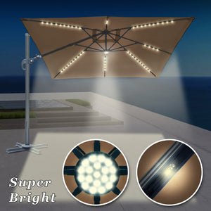 STRONG CAMEL Outdoor 10'x10' LED Light Offset Cantilever Umbrella Patio Deluxe Hanging Umbrella with 360° Cross Base (Cocoa)