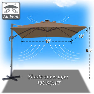 STRONG CAMEL Outdoor 10'x10' LED Light Offset Cantilever Umbrella Patio Deluxe Hanging Umbrella with 360° Cross Base (Cocoa)