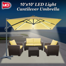 Load image into Gallery viewer, STRONG CAMEL Outdoor 10&#39;x10&#39; LED Light Offset Cantilever Umbrella Patio Deluxe Hanging Umbrella with 360° Cross Base (Beige)
