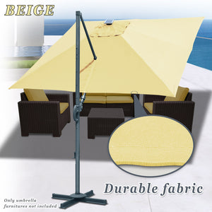 STRONG CAMEL Outdoor 10'x10' LED Light Offset Cantilever Umbrella Patio Deluxe Hanging Umbrella with 360° Cross Base (Beige)