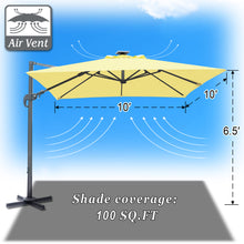 Load image into Gallery viewer, STRONG CAMEL Outdoor 10&#39;x10&#39; LED Light Offset Cantilever Umbrella Patio Deluxe Hanging Umbrella with 360° Cross Base (Beige)
