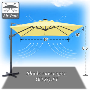 STRONG CAMEL Outdoor 10'x10' LED Light Offset Cantilever Umbrella Patio Deluxe Hanging Umbrella with 360° Cross Base (Beige)