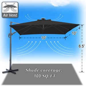 STRONG CAMEL Outdoor 10'x10' LED Light Offset Cantilever Umbrella Patio Deluxe Hanging Umbrella with 360° Cross Base (Black )