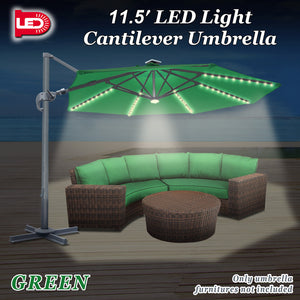 STRONG CAMEL Outdoor 11.5 FT Offset Cantilever Umbrella Solar LED Light Outdoor Patio Market Hanging Umbrella with Cross Base (Green)