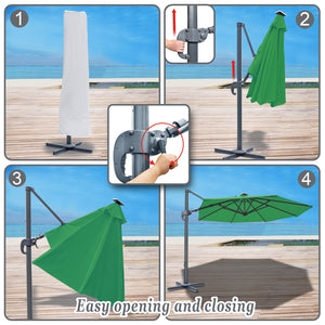 STRONG CAMEL Outdoor 11.5 FT Offset Cantilever Umbrella Solar LED Light Outdoor Patio Market Hanging Umbrella with Cross Base (Green)