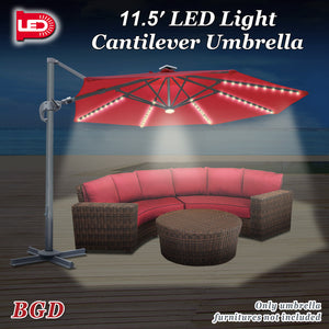 STRONG CAMEL Outdoor 11.5 FT Offset Cantilever Umbrella Solar LED Light Outdoor Patio Market Hanging Umbrella with Cross Base (Burgundy)