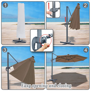 STRONG CAMEL Outdoor 11.5 FT Offset Cantilever Umbrella Solar LED Light Outdoor Patio Market Hanging Umbrella with Cross Base (Cocoa)