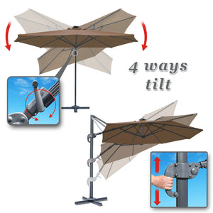 STRONG CAMEL Outdoor 11.5 FT Offset Cantilever Umbrella Solar LED Light Outdoor Patio Market Hanging Umbrella with Cross Base (Cocoa)