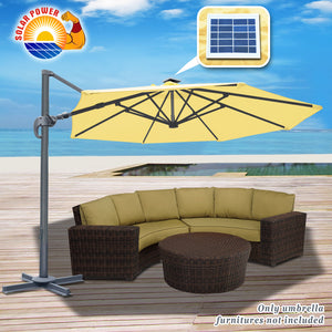 STRONG CAMEL Outdoor 11.5 FT Offset Cantilever Umbrella Solar LED Light Outdoor Patio Market Hanging Umbrella with Cross Base (Beige)