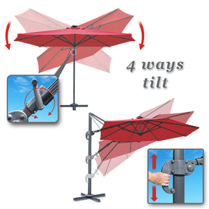 STRONG CAMEL Outdoor 11.5 FT Offset Cantilever Umbrella Solar LED Light Outdoor Patio Market Hanging Umbrella with Cross Base (Burgundy)