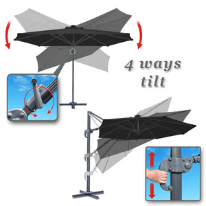 STRONG CAMEL Outdoor 11.5 FT Offset Cantilever Umbrella Solar LED Light Outdoor Patio Market Hanging Umbrella with Cross Base (Black)