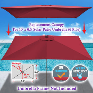 6-Rib 10'x6.5' Solar Patio Umbrella Replacement Canopy cover for Outdoor