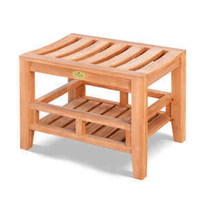 KINGTEAK Teak wood side table, 23.6" Shower Stool with Storage Shelf for Bathroom, Living Room, Bedroom