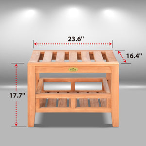 KINGTEAK Teak wood side table, 23.6" Shower Stool with Storage Shelf for Bathroom, Living Room, Bedroom