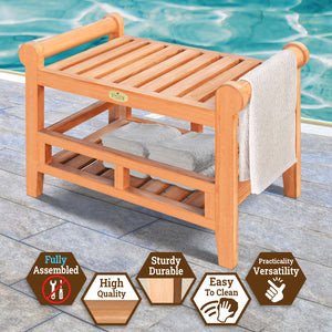 KINGTEAK Shower Bench 29.7"  Long Teak Wood Shower Stool with Storage Shelf and Handle for Indoors and Outdoors