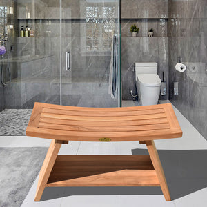 KINGTEAK 29.5" Golden Teak Shower Bench with Shelf Indonesian Teak Wood Chair Spa Bath Seat Perfect for Indoor Or Outdoor