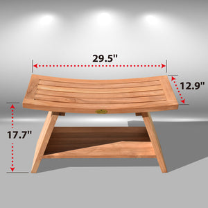 KINGTEAK 29.5" Golden Teak Shower Bench with Shelf Indonesian Teak Wood Chair Spa Bath Seat Perfect for Indoor Or Outdoor