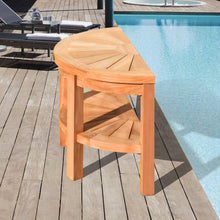 Load image into Gallery viewer, KINGTEAK 23.5&quot; Golden Teak Wood Stool with Storage Shelf Half Moon Teak Shower Bench for Indoor Or Outdoor,Comes Fully Assembled
