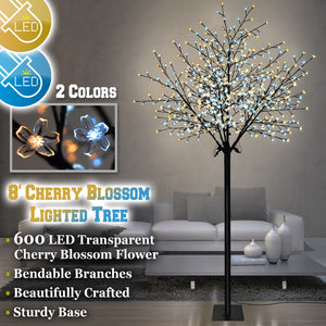 8ft Tall Cherry Blossom Flower Tree Warm and Cool White 600 LED Lighted 24V UL
