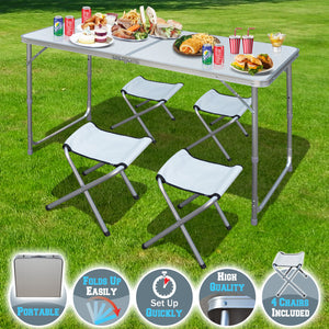 Portable Folding Family Picnic Camping Table with 4 Chairs Outdoor