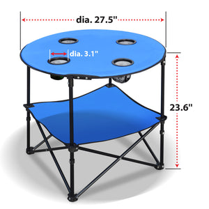 27.5" Round Foldable Camping Picnic Portable Table with Shelf 4 Cup Holders