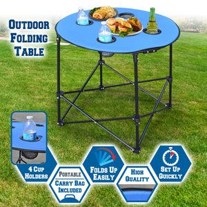 Portable Outdoor Folding Picnic 27.5" Collapsible Round Table with 4 Cup Holders