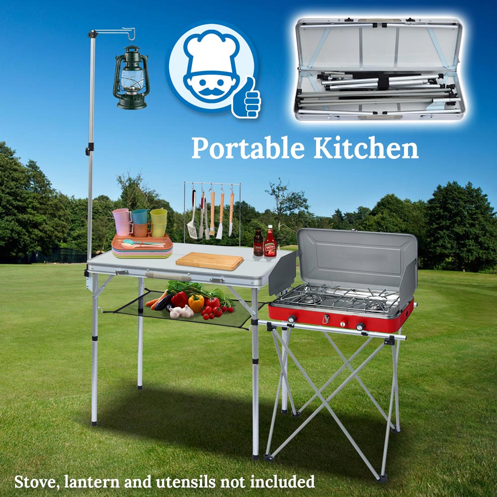 Outdoor Portable Camping Kitchen Folding Alu. Table BBQ Grill Stand w Stoarage