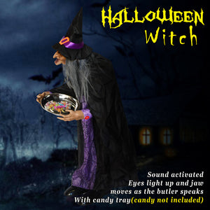 New Sound Animated Witch Lighted Eyes with Candy Plate Motion Halloween